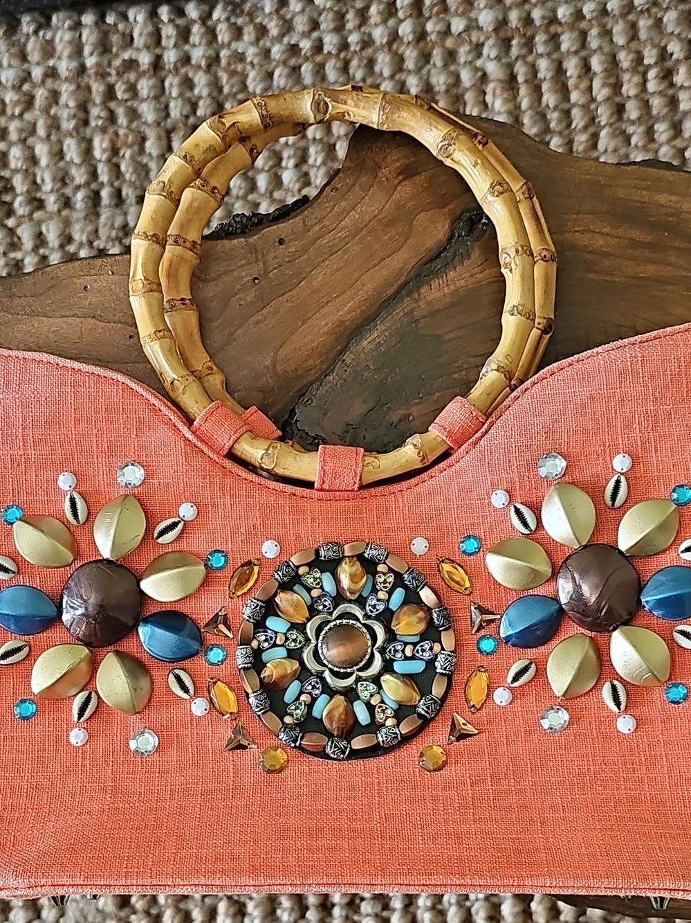 Coral Embellished Satchel with Bamboo Handles